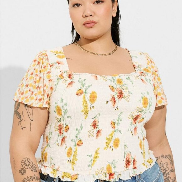 torrid Tops - Smocked Flutter Short Sleeve Crop Top